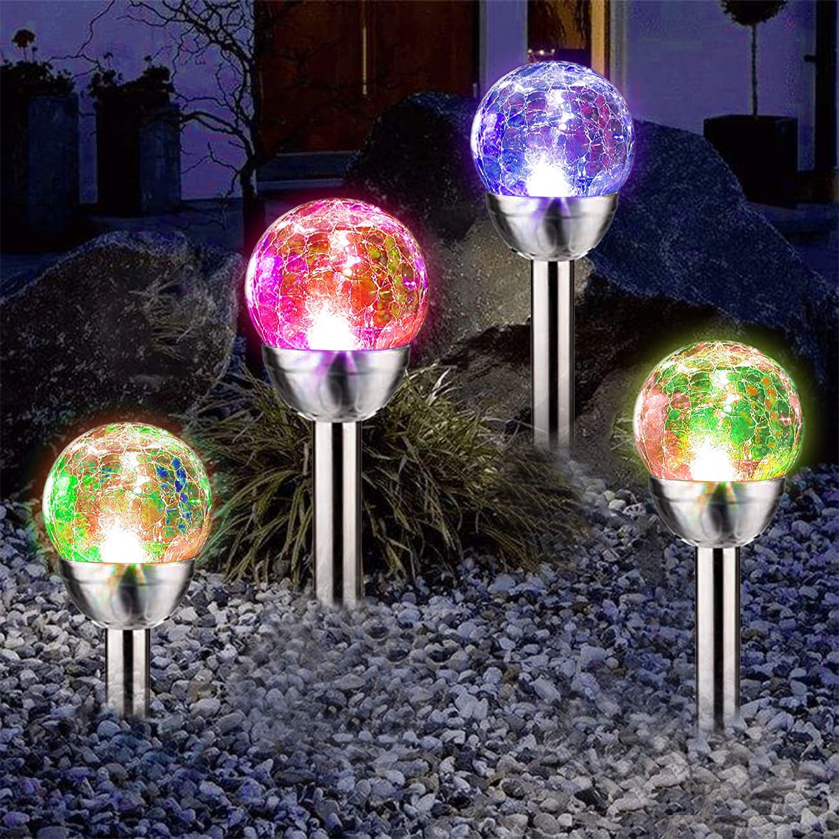 6 x Stainless Steel Colour Changing Solar Crackled Glass Ball Light Ice Orb New 