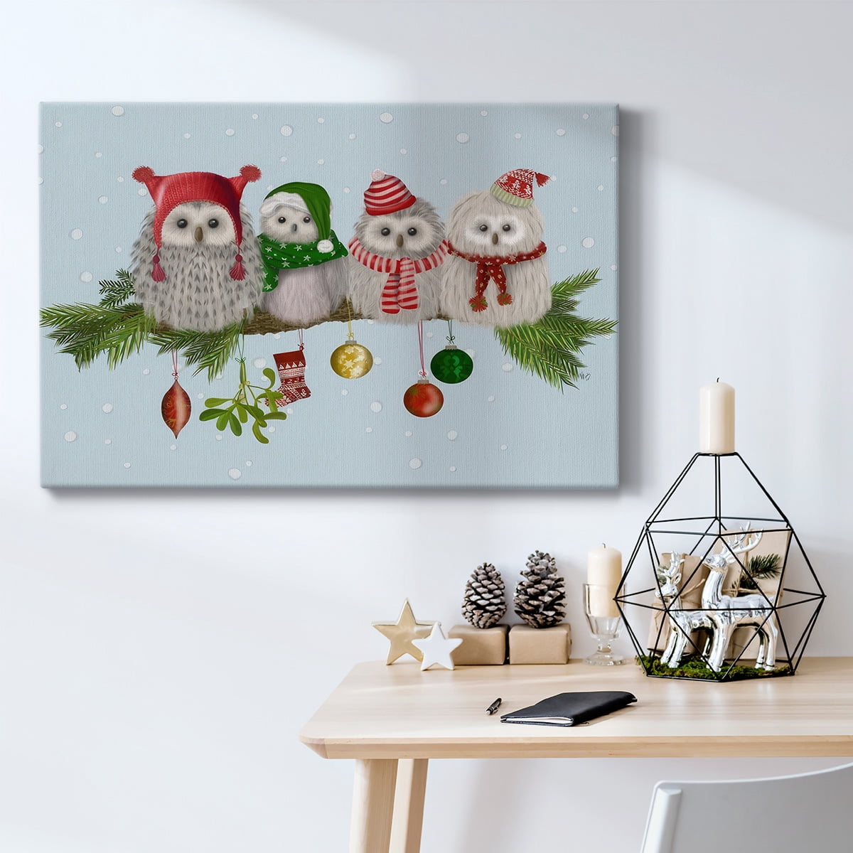 Christmas Fluffy Christmas Owls on Branch- Gallery Wrapped Canvas