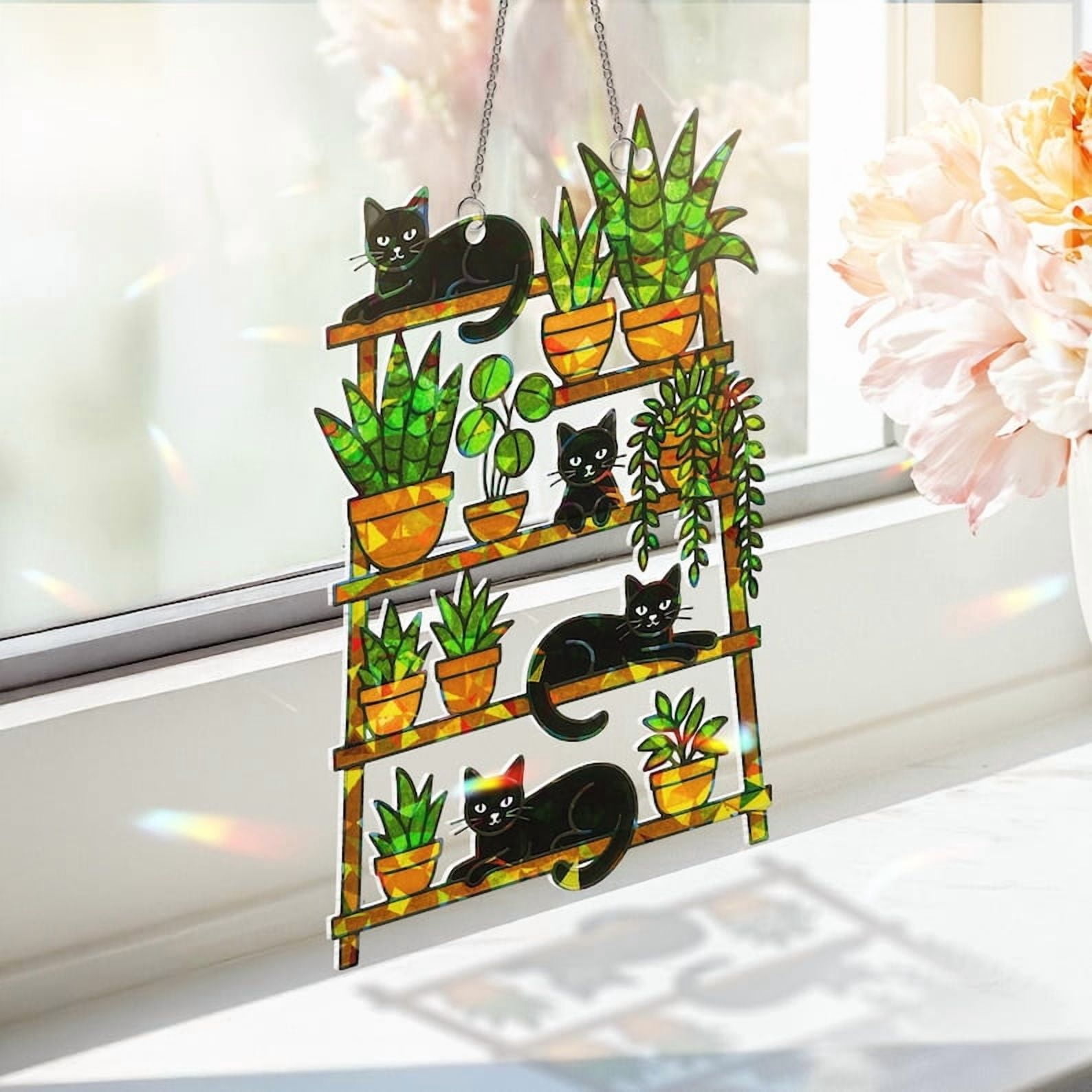 ViciArt Black Cat & Plant Shelf Acrylic Window Hanging – 9" Holographic Cat Lover Suncatcher Decor