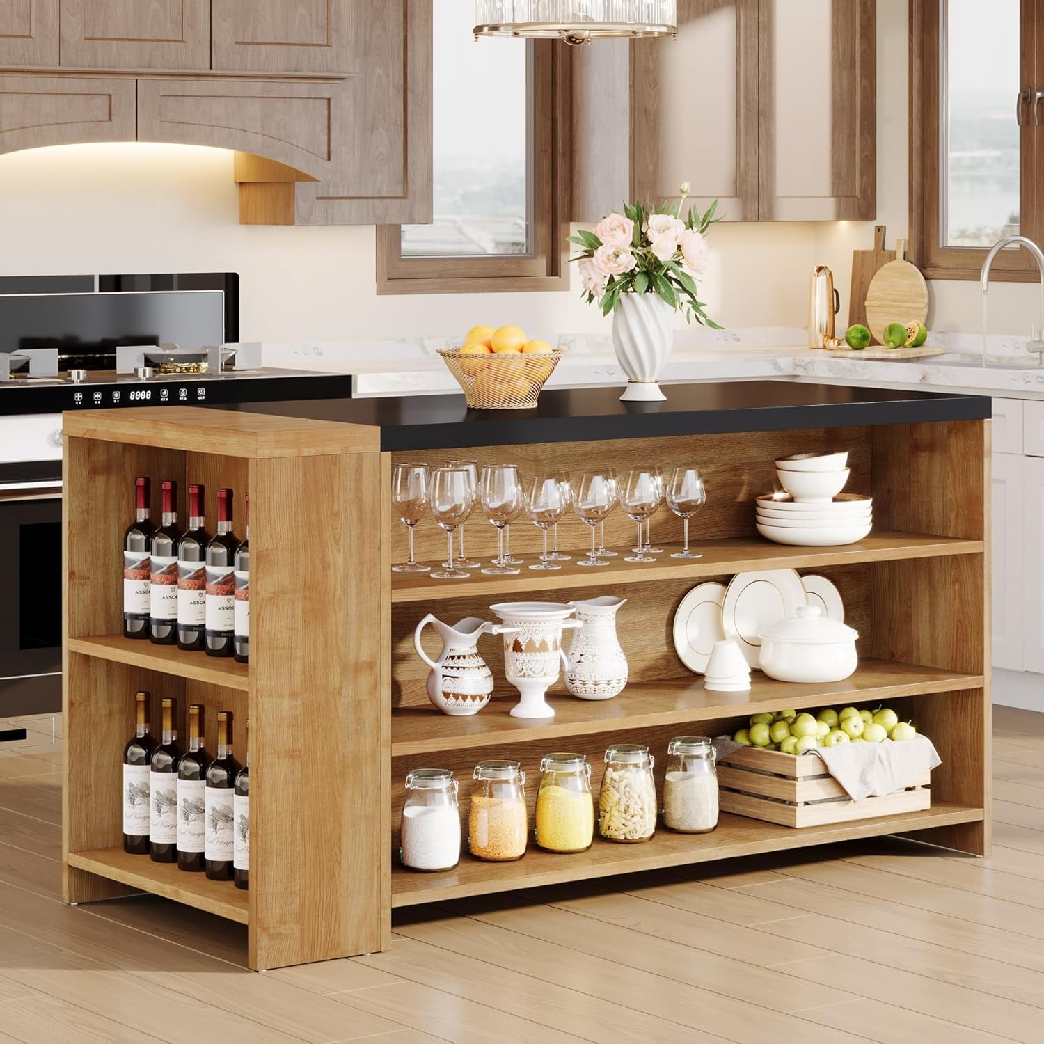 Tribesigns 55" 5-Tier Stationary Kitchen Island with Storage, Farmhouse Coffee Bar Table with Large Countertop, Wood Storage Cabinet for Kitchen - Vintage Brown