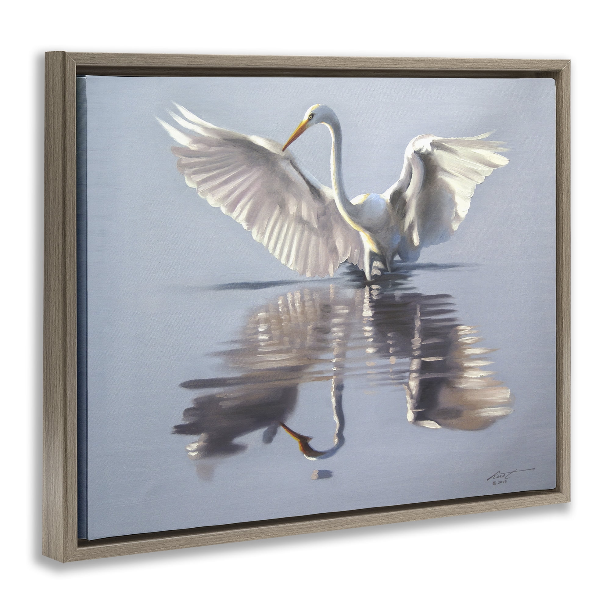 Stupell Industries Egret with Beautiful Wingspan Animals & Insects Painting Brown Floater Framed Canvas Art Print Wall Art, 21 x 17