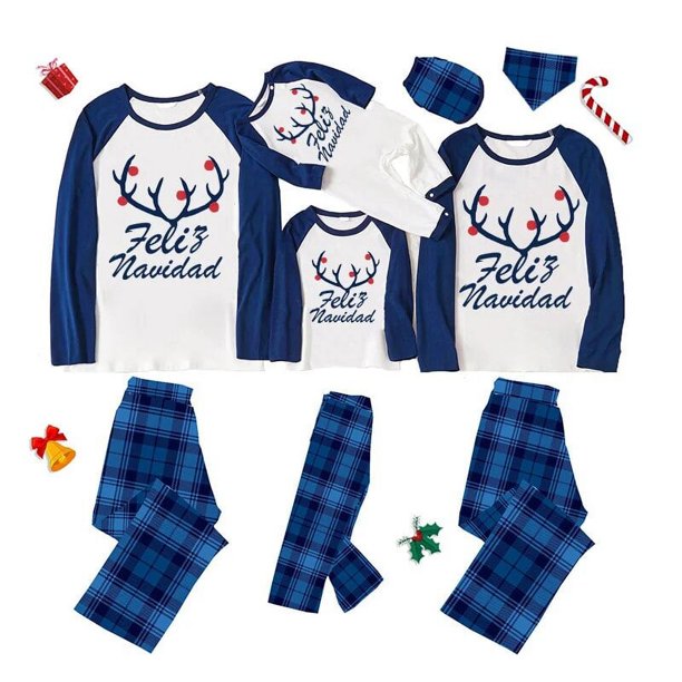 Pijamas familiares a juego de Navidad, conjunto de pijamas de Feliz Navidad, astas de alce, azul