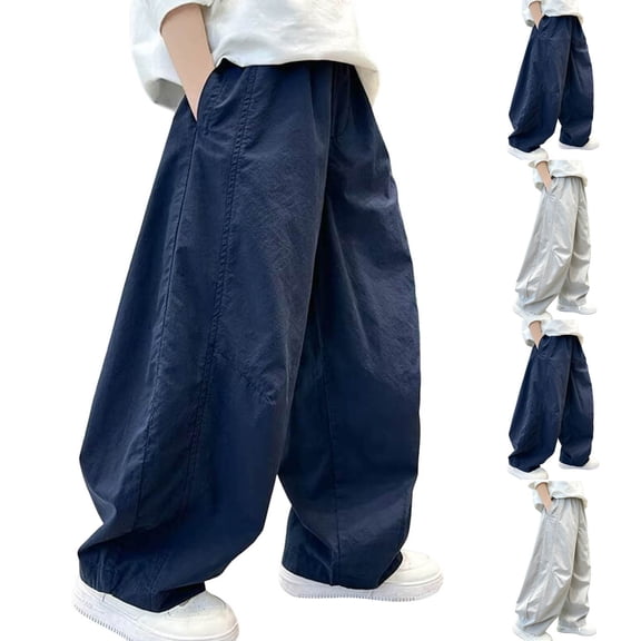 Boys Parachute Pants Kids Baggy Wide Leg Elastic Waist Cotton Track Pants Athletic Joggers with Pockets 5-14Y Navy
