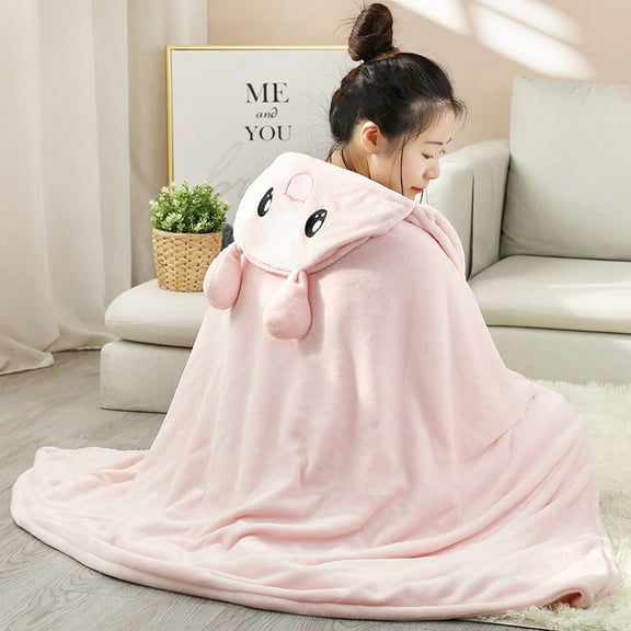 Textile City Cute Cartoon Hooded Throw Blanket Coral Velvet Soft Solid Wearable Adult Children Blanket Hoodie for Autumn Winter (rabbit,kids 1x0.8M)