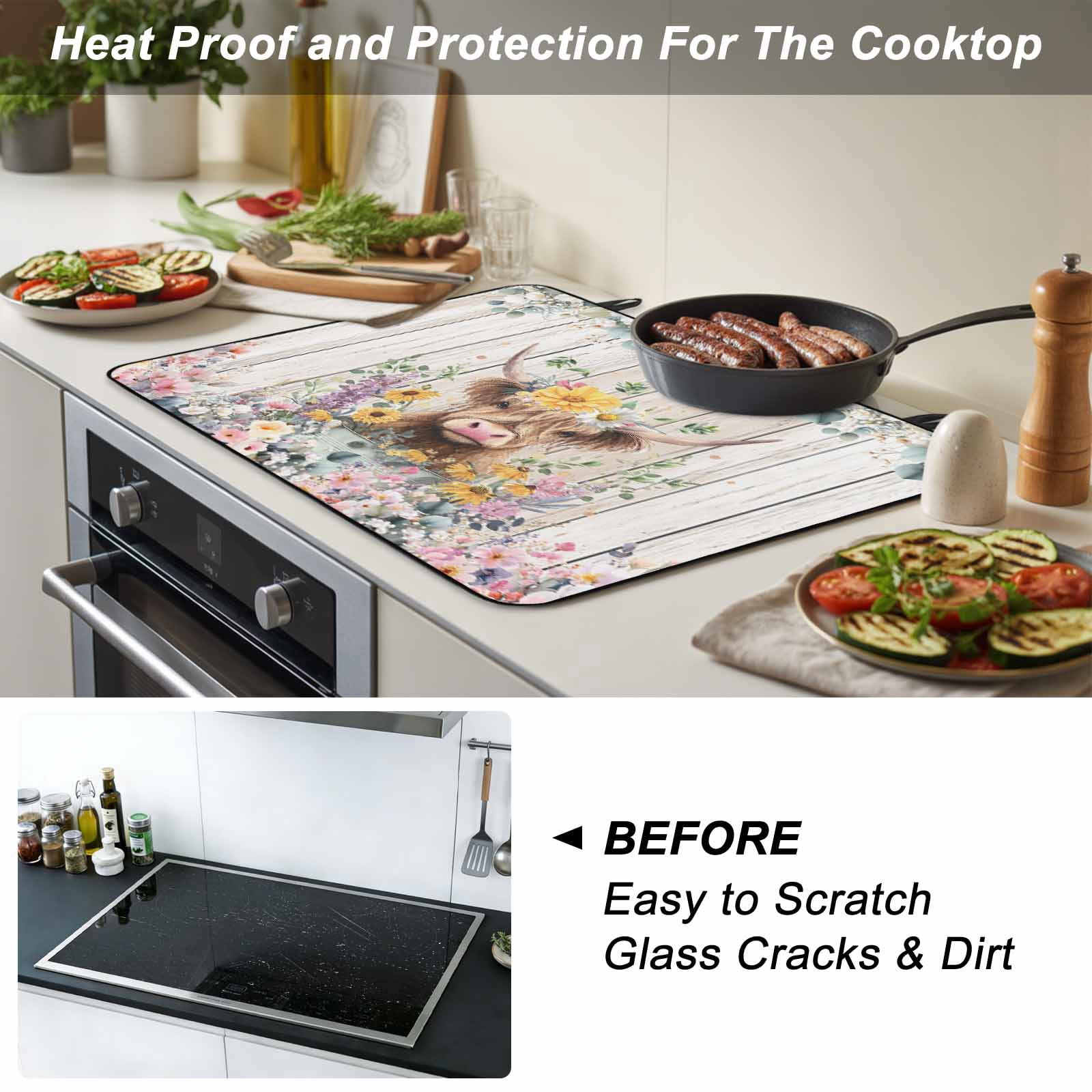 Spring Cow Floral Stove Top Cover for Electric Stove, Heat-proof & Non Slip Glass Top Stove Cover Protector, Green Eucalyptus Leaves Grey Wooden Kitchen Flat Cooktop Rubber Mat 24x21 Inches