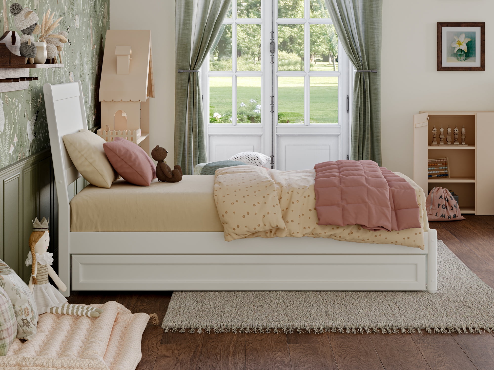 AFI Casanova Twin Solid Wood Platform Bed with Panel Footboard and Twin Trundle, White