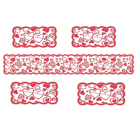 FYTPOV Red Table Runner and Placemats Set of 5, Valentines Day Decorations, Hearts Pattern Table Runner for Wedding Party Home Decor, Christmas Table Decorations