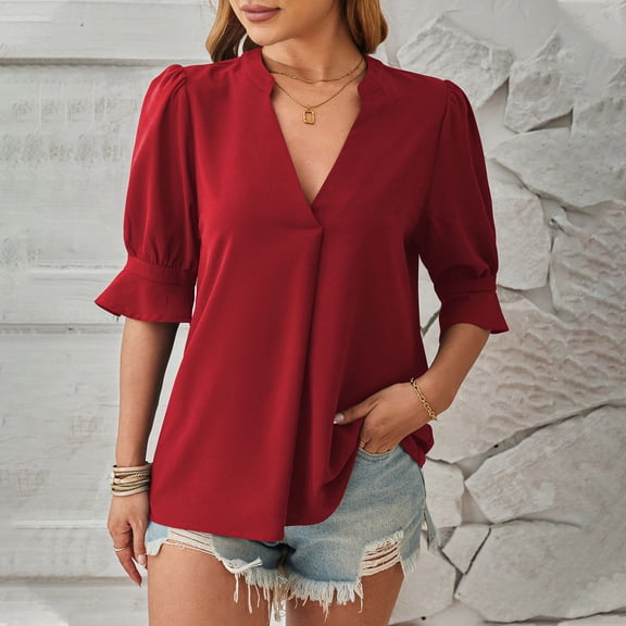 ClodeEU Women's V-Neck Pleated Woven Chiffon Blouse,Long Sleeve Short Sleeve Top for Spring Summer Red,Womens Plus M