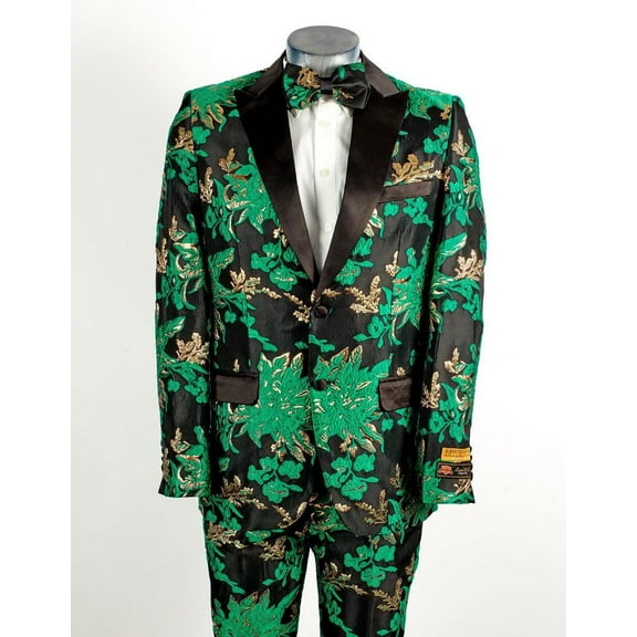 Mens 2 Button Hunter Green, Gold, & Black Floral Paisley Tuxedo Tuxedo