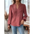 thumbnail image 4 of Womens V Neck Boho Long Sleeve Shirts Dot Chiffon Blouses Flowy Lace Crochet Clothing Casual Trendy Wine Red S, 4 of 7