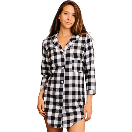 

Belles Design Womens Long Sleeve Flannel Plaid Button Down Sleep Shirt Nightgown Soft Pajama Sleepwear