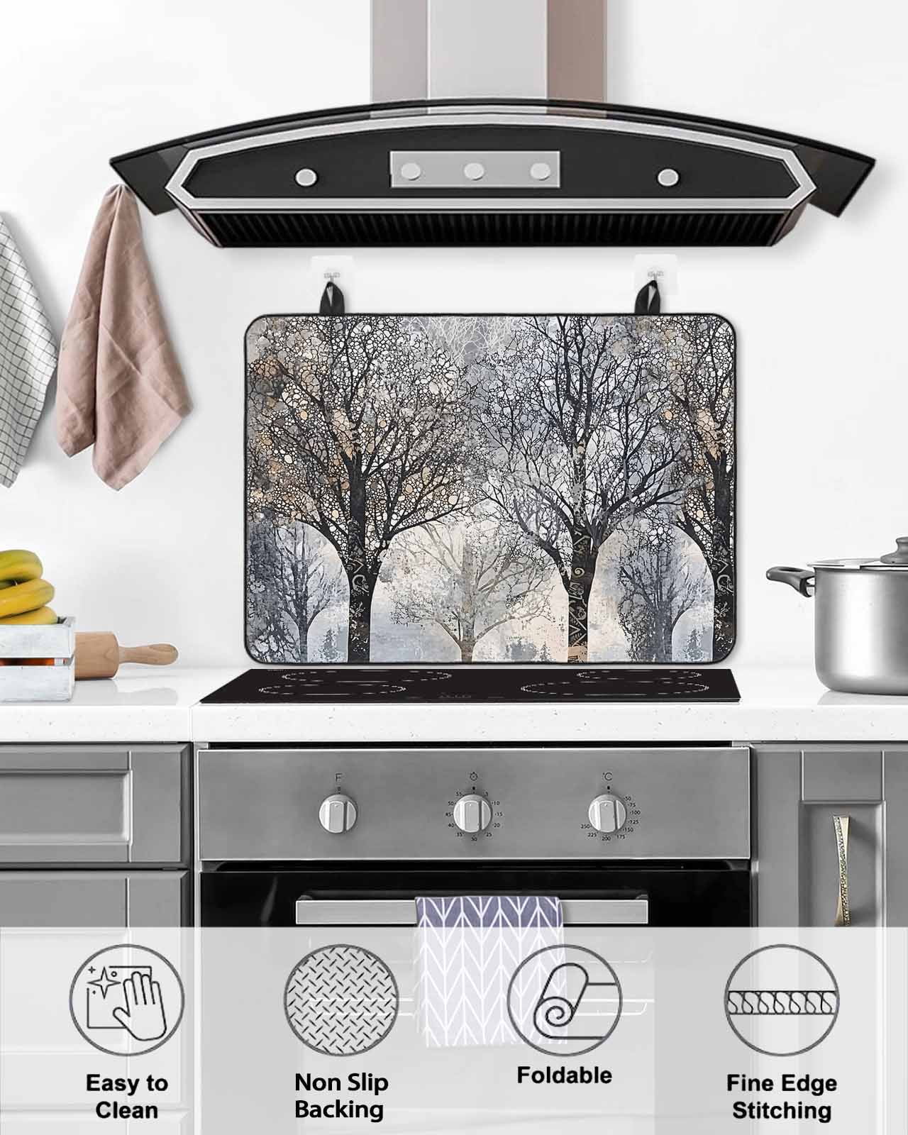 nqOlkjepod Large Induction Cooktop Protector Mat 24"x21", Black Grey Forest Stove Top Covers for Electric Stove, Vintage Watercolor Tree Tunk Stove Burner Cover Mats, Glass Top Stove Cover