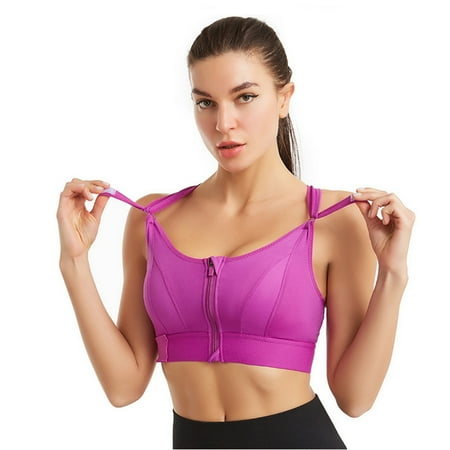 

rygai Sports Bra Wire Free Widened Shoulder Strap Zipper Closure Sweat Absorbing Easy-wearing Breast Support Polyester Front Closure Workout Bra Women Underwear Birthday Gift Purple L