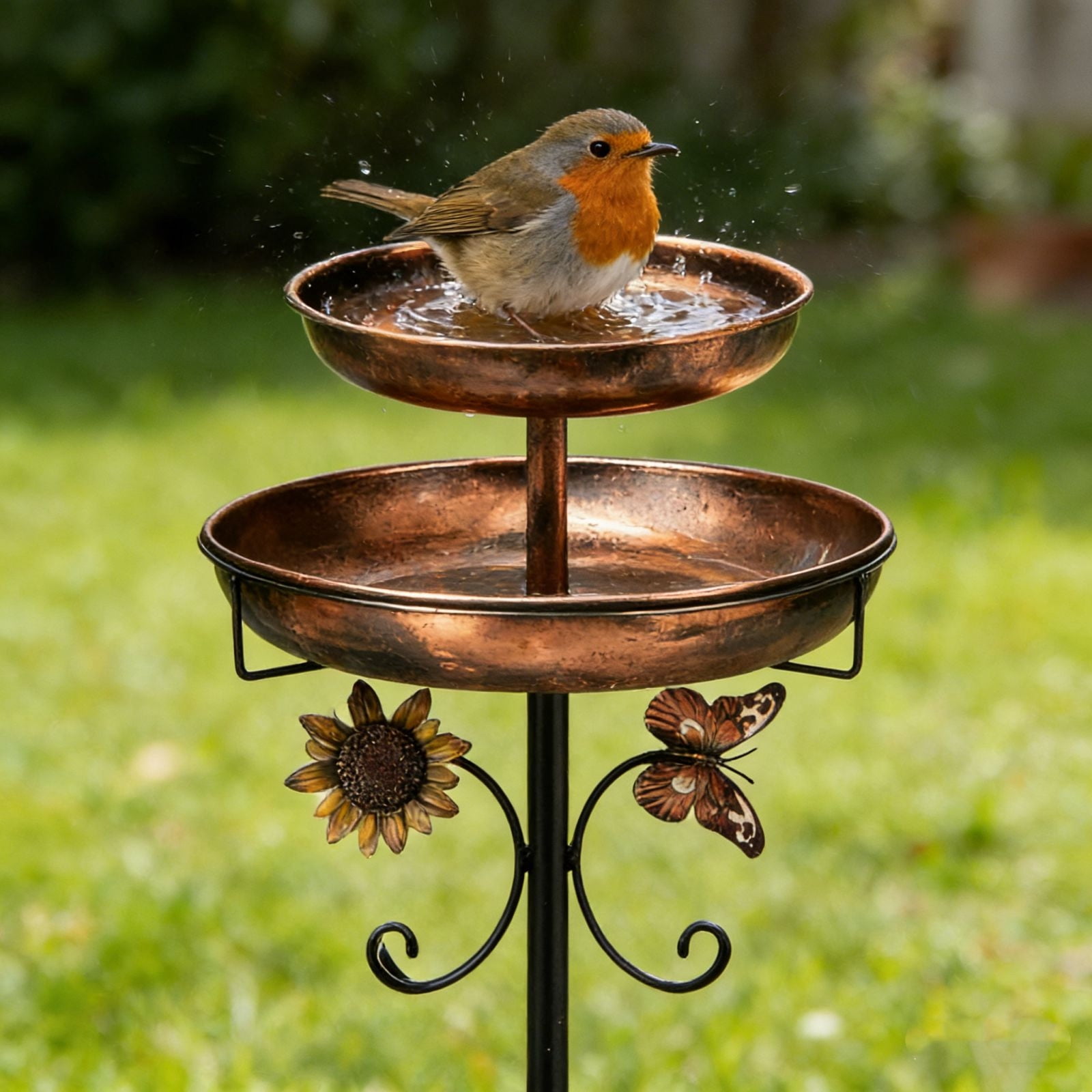 Ground-Mounted Metal Bird Bath & Feeder Stand, Multi-Functional Outdoor Unit for Garden Courtyard Meadow, 33.5 x 12in