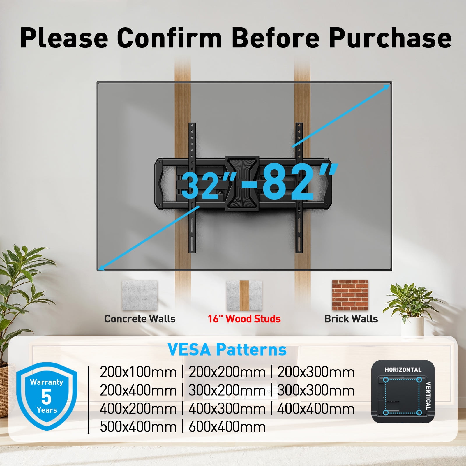 MountFTV Full Motion TV Wall Mount for 37-84" TVs, Max 600x400mm, Fits 16" Wood Studs, Holds up to 110lbs, TV Mount Bracket with Dual Articulating Arms, Swivel, Tilt Extension