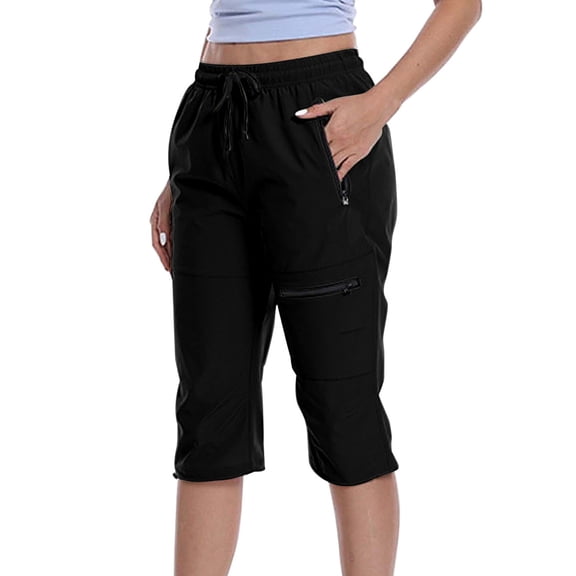 Capris Cargo Pants for Women Work High Waisted Hiking PantsLightweight Dry Cargo With Zipper Pockets Elastic Waist Summer Outdoor Cropped Pants