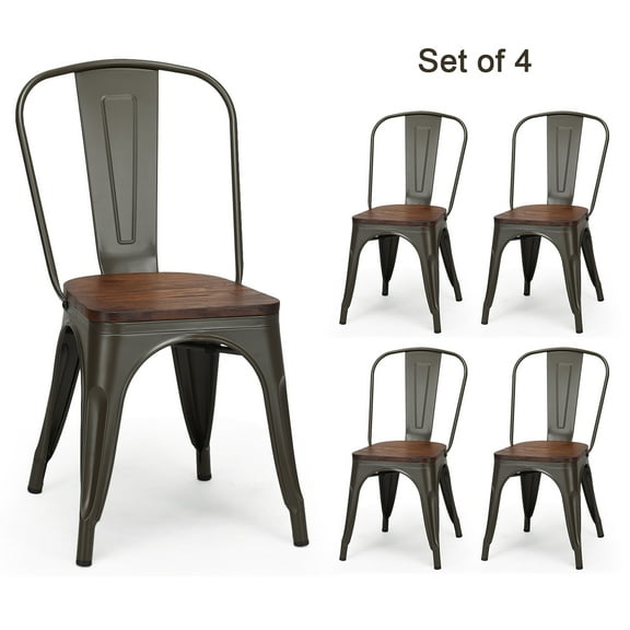 Topbuy Set of 4 Style Metal Dining Side Chair Wood Seat Stackable Bistro Cafe New