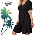 thumbnail image 1 of Ropa de mujer retro con cuello en V, vestido fluido de cintura informal suelto de color sólido para mujer, vestidos retro para mujer, 1 of 5