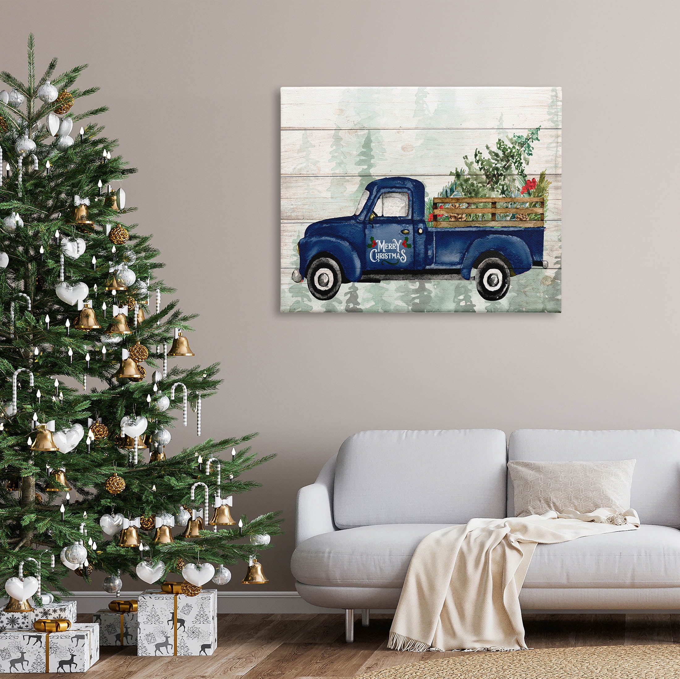 Stupell Industries Merry Christmas Blue Holiday Truck Graphic Art Gallery Wrapped Canvas Print Wall Art, Design by Kim Allen