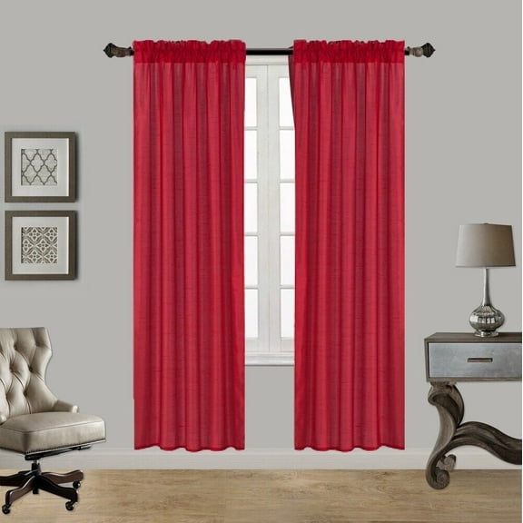2PC MR2 RED SOLID SILK SEMI SHEER ROD POCKET WINDOW CURTAIN PANEL LIGHT FILTERING 55" W X 95" L EACH PC
