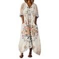 thumbnail image 2 of Heisall 2026 Spring Summer Boho Floral Printed Linen Maxi Dress V Neck Batwing Sleeve Oversized Kaftan Dresses with Pockets, 2 of 7