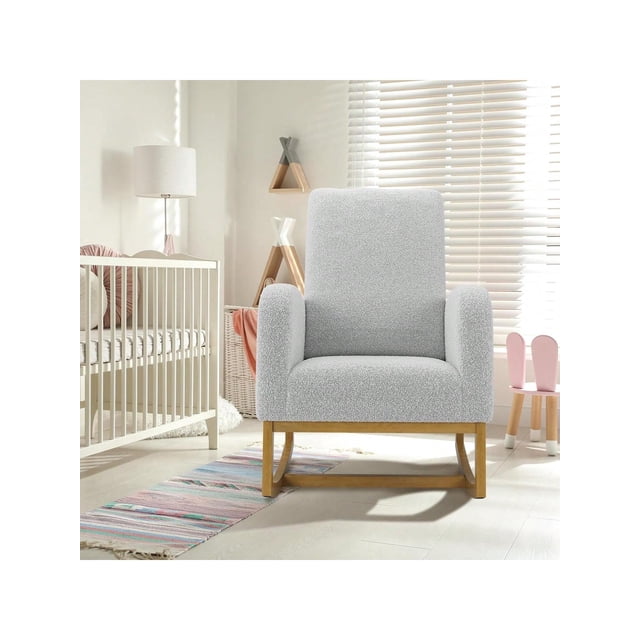 Ourlova Upholstered Glider Rocking Chair High Back Nursery Chair with Side Pocket Wood Legs 300lbs Capacity Modern Rocker for Breastfeeding Storytime Light Gray