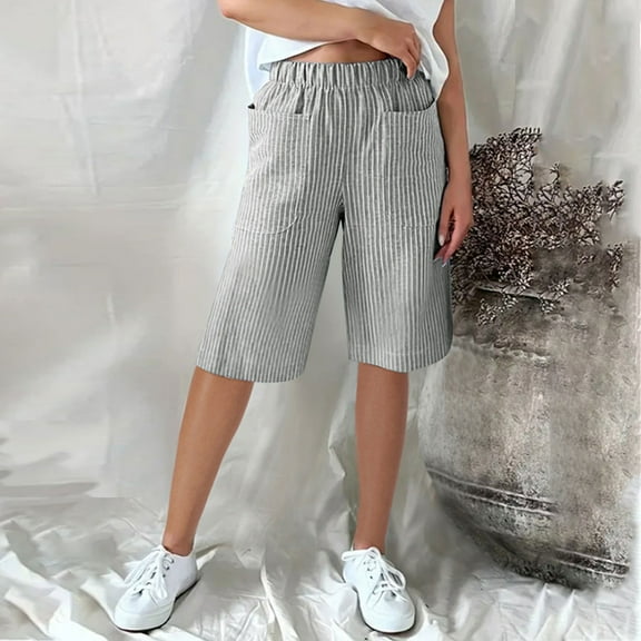 Rezuofi 1 Pcs Linen Shorts for Women Knee Length 2025 Striped Bermuda Shorts Summer Casual Elastic Waisted Shorts with Pockets