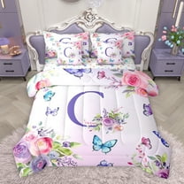Homewish Flower Monogrammed C Bedding Comforter Set 7pcs for Kids, Cartoon Butterfly King Bedding Sets, Purple Initial Letter Reversible Bed Sheets, Breathable Home Decor