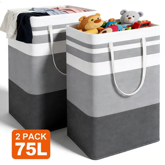GARITIN Laundry Baskets 2 Pack, Freestanding Hampers for Laundry, Large Collapsible Dirty Clothes Basket with Handles in Laundry Room, College Dorm, Bathroom, Bedroom, Grey