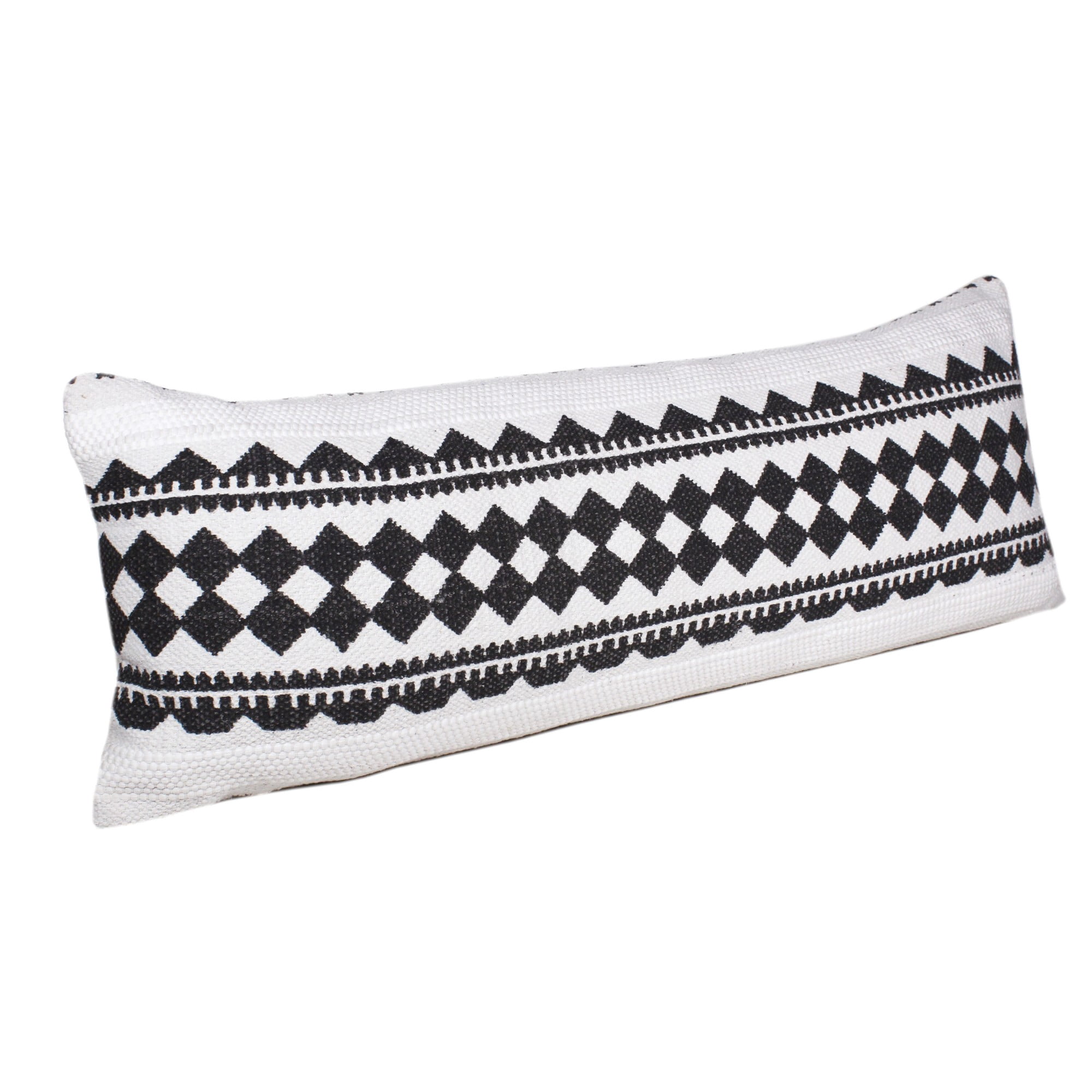 Laddha Home Designs Handwoven Geometric Diamond Lumbar Pillow Cover - 36" - White and Black