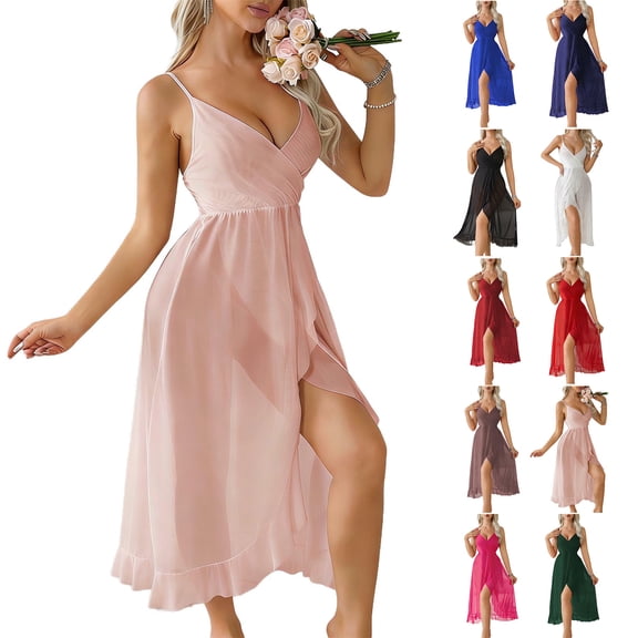 QSXADF Womens Sleeveless Nightgown Maxi Sleep Dress Solid Mesh Backless Sleeveless Deep V Neck Nightgown Women Home Sleepwear Ladies Loungewear