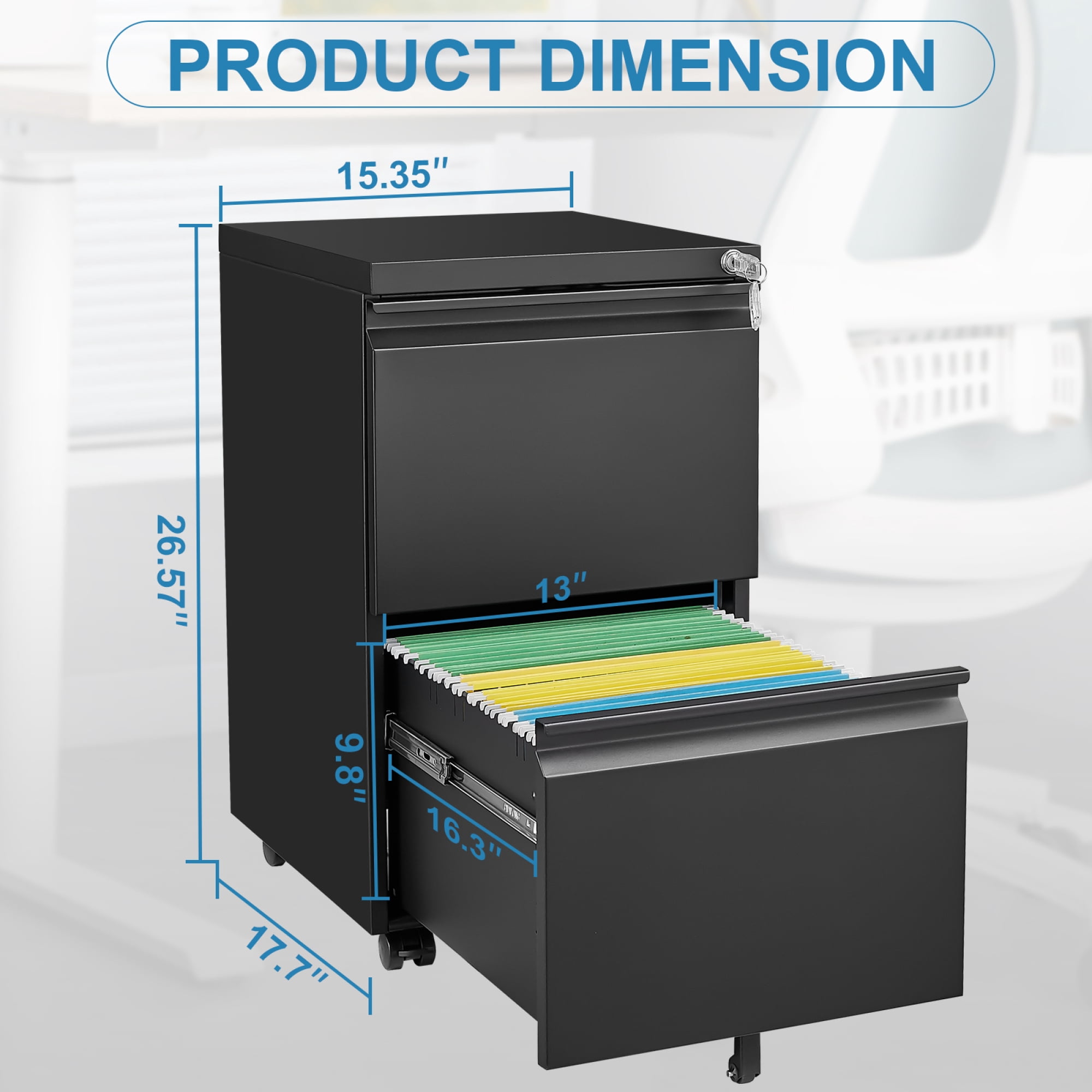 2 Drawer File Cabinet with Lock, Metal Under Desk Rolling Filing Cabinet for Home Office, Mobile Filing Cabinet