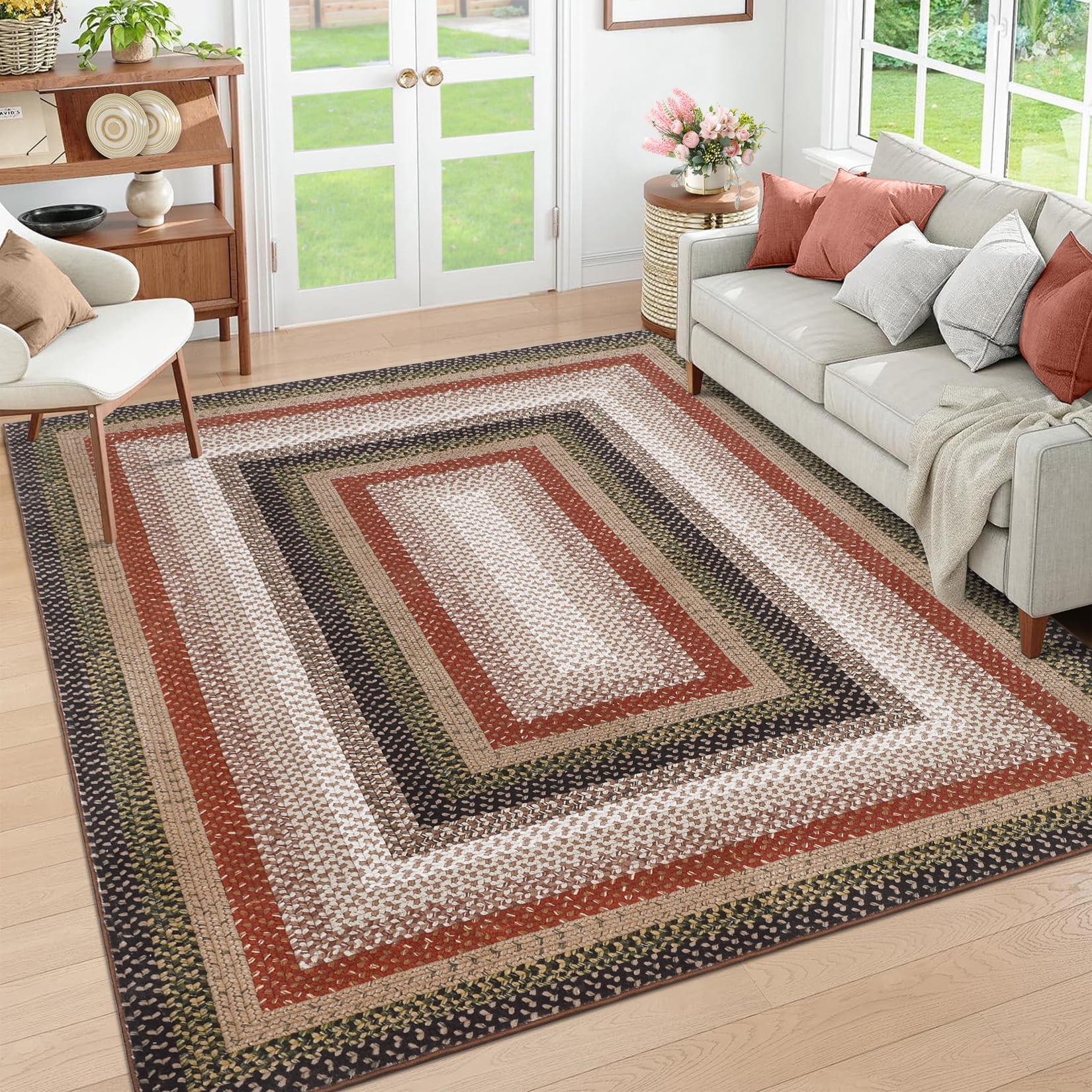 Garvee Modern Washable Braided Print Rugs, 8'x10' Non Slip Farmhouse Floor Carpet Boho Geometric Area Rug for Living Room Bedroom, Red and Black