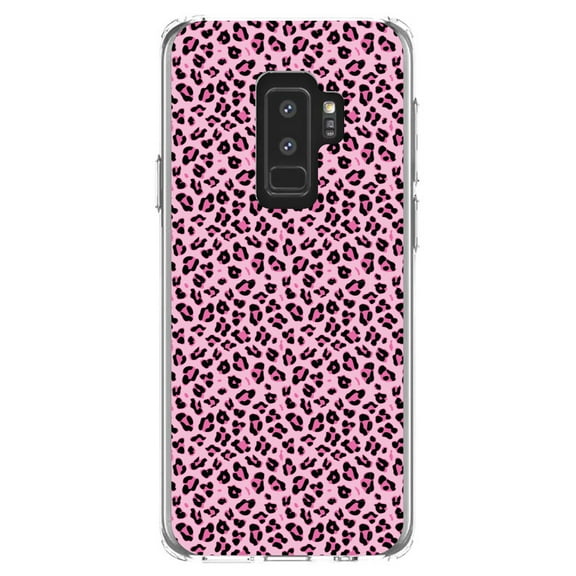 DistinctInk Clear Shockproof Hybrid Case for Samsung Galaxy S9  PLUS (6.2" Screen) - TPU Bumper, Acrylic Back, Tempered Glass Screen Protector - Black Pink Leopard Skin Spots
