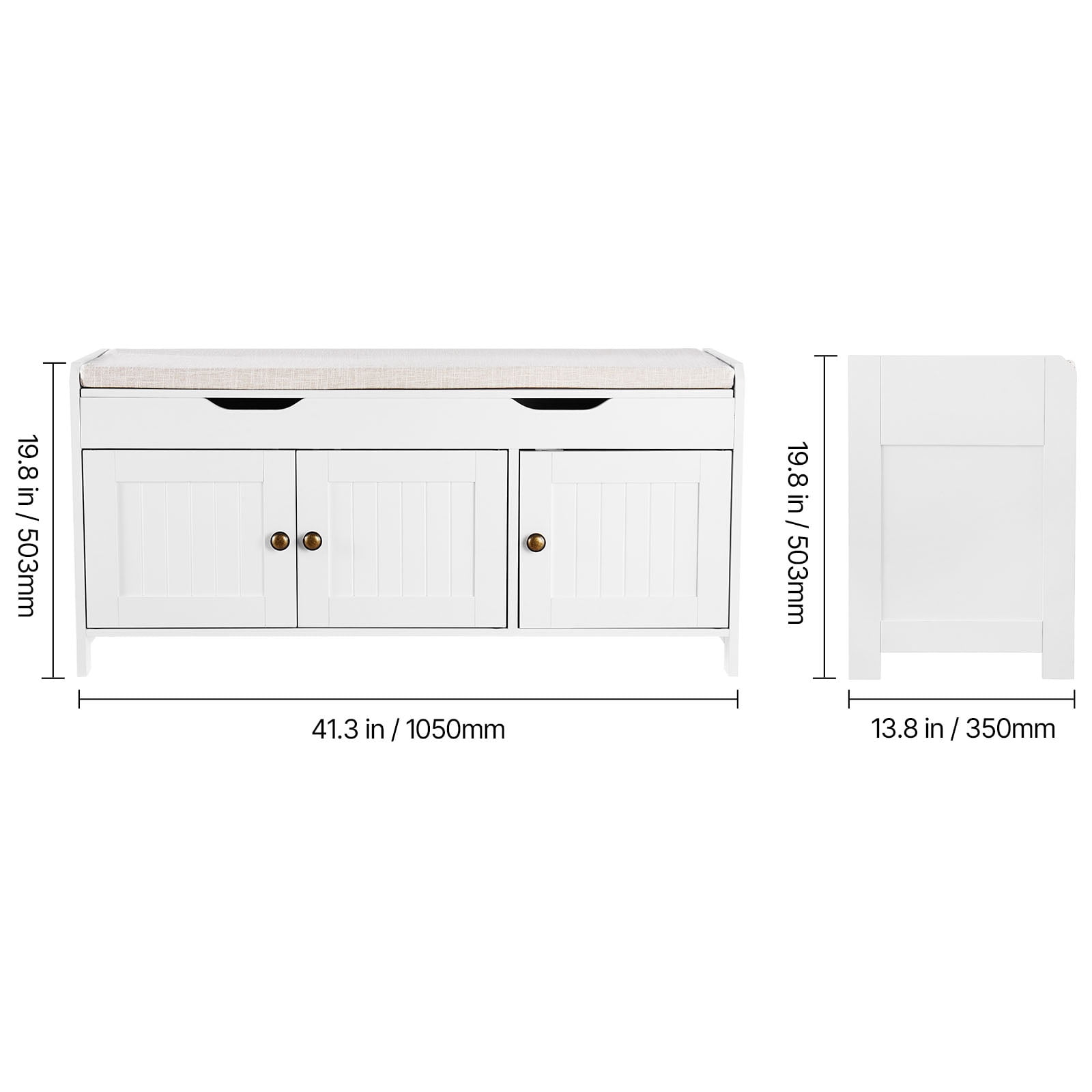 KFFKFF Entryway Bench with Lift-Top Storage, 41.3 x 13.8 x 19.8 Inch Shoe Rack with Cushion, 250lbs Capacity, 3 Cabinets and Adjustable Shelf, for Bedroom or Hallway, White and Black