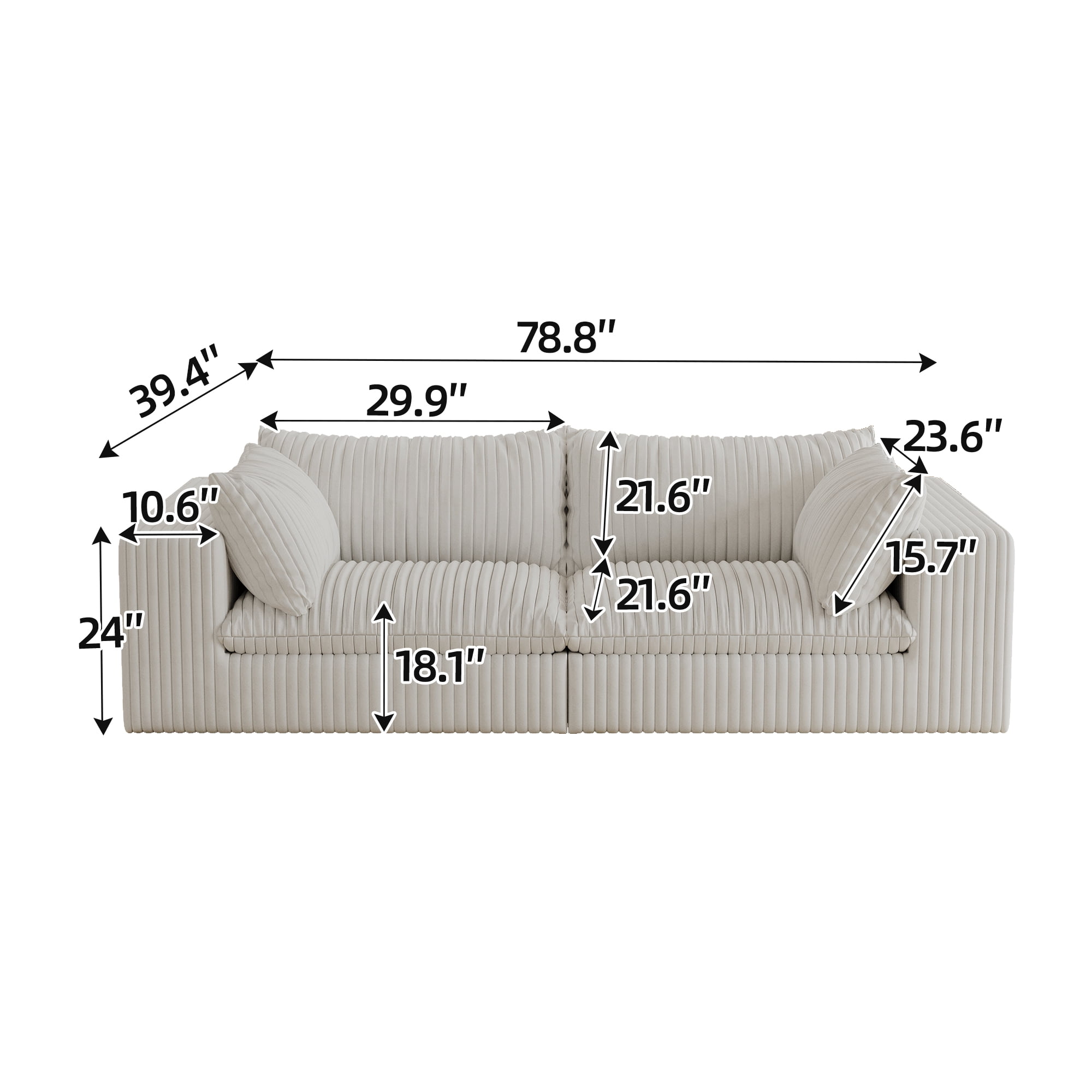MAYEERTY 78.8" Cloud Sofa White Corduroy Deep Seat Double-Layer Removable Cushion No Assembly Multi-Rooms