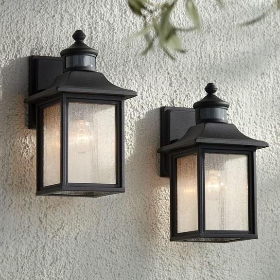 John Timberland Moray Bay Mission Outdoor Wall Light Fixtures Set of 2 Black Dusk to Dawn Motion Sensor 11 1/2" Seedy Glass for Exterior