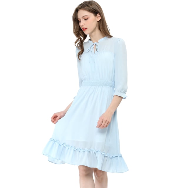 Vestido Corto de Gasa Allegra K con volantes y Manga 3/4 para Mujer Azul L
