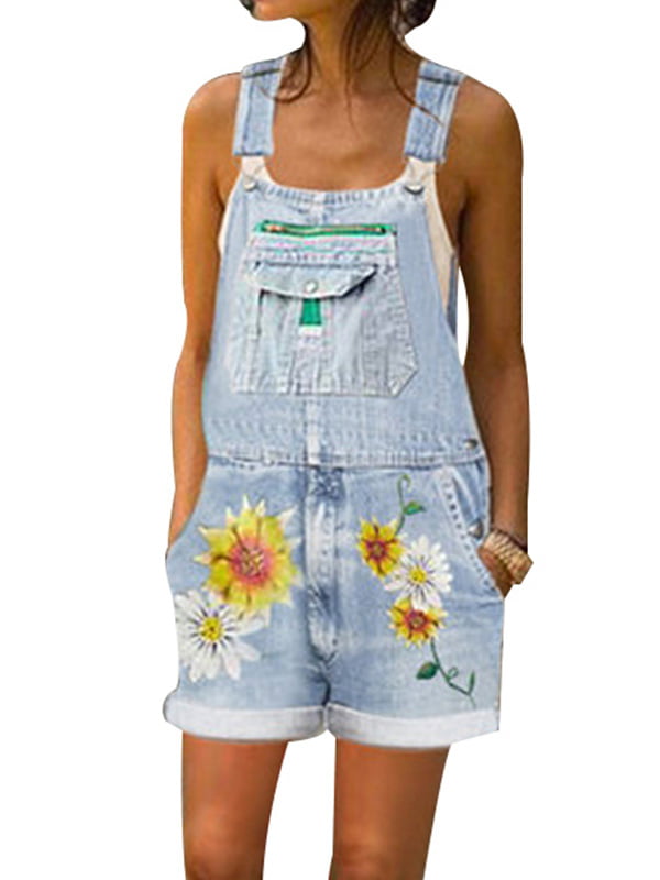 LilyLLL - LilyLLL Women Junior Denim Bib Overalls Floral Print Shorts