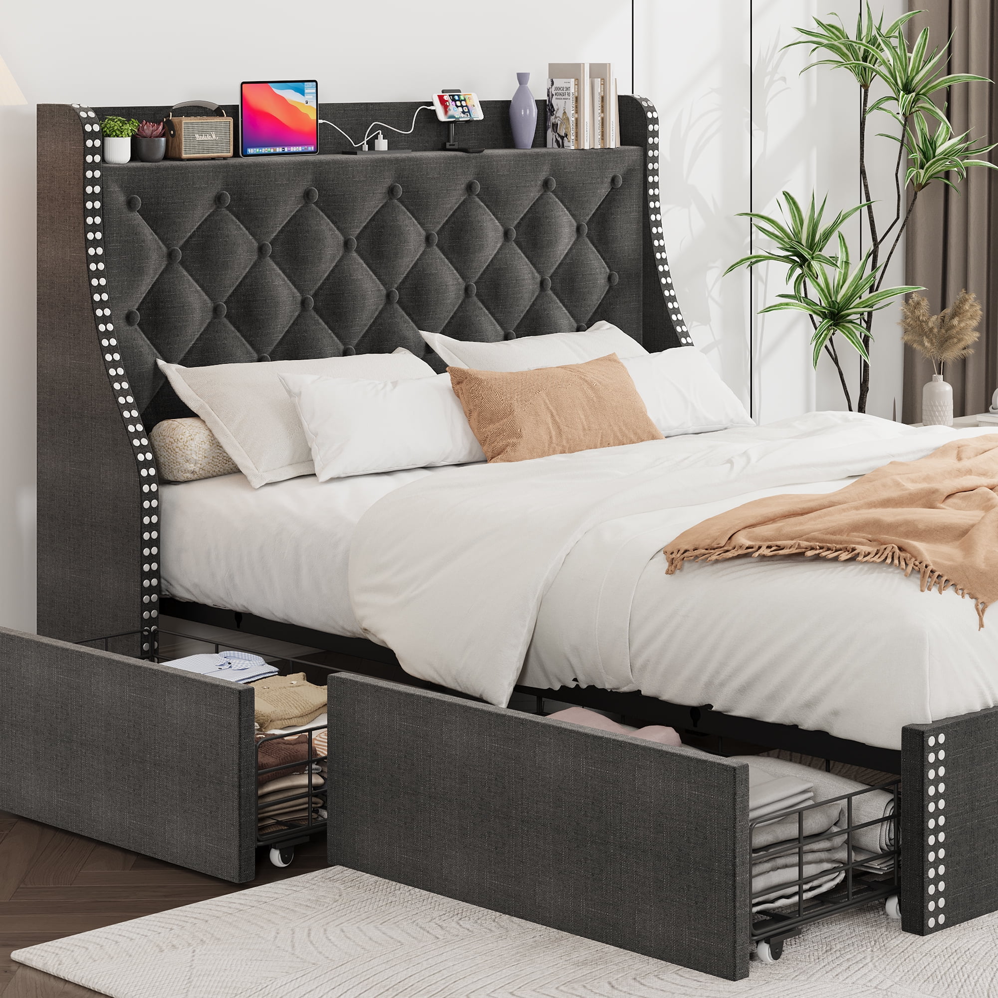 King Size Bed Frame with Adjustable Headboard, Upholstered Platform Bed Frame with Wooden Slats Support, No Box Spring Needed, Non-Slip, Noise-Free, Easy Assembly, Black