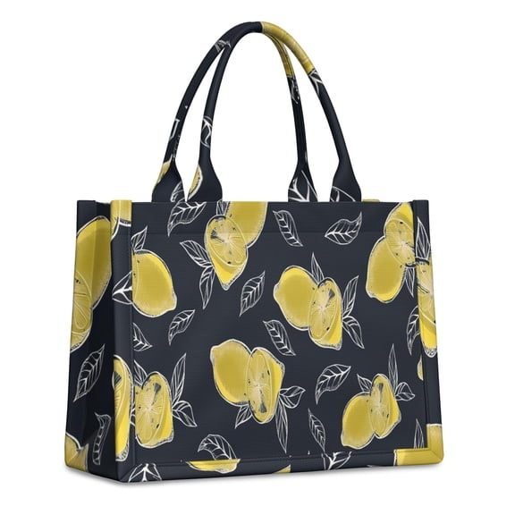 Large Capacity Tote Bag,Yellow Lemon Fruit Slices DarkBlue Pattern Handbag Fashion Luxury Tote Bag,15.7"x13"x 5.1" Inches,Laptop Compatible