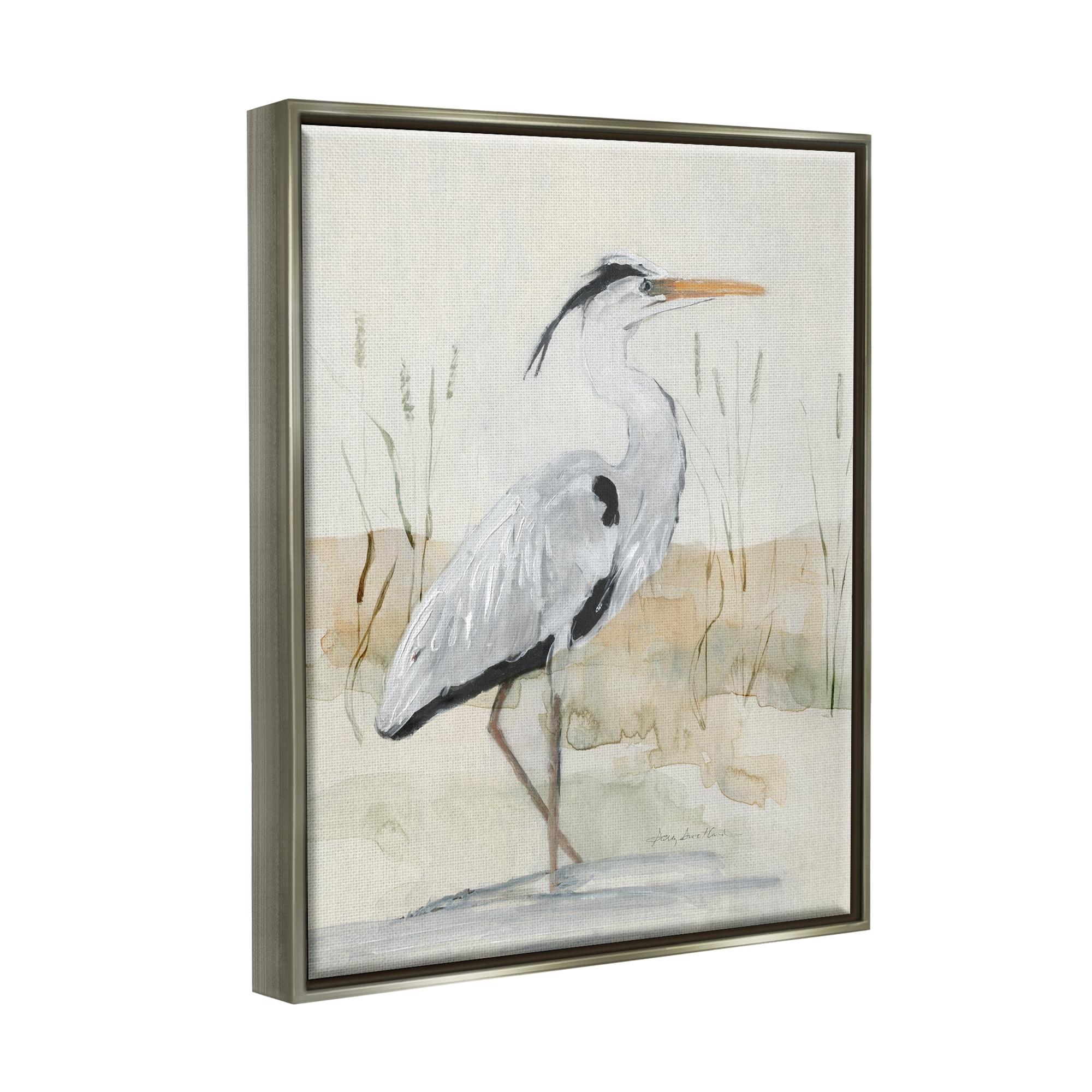 Stupell Industries Elegant Heron Nature Creek Portrait Coastal Painting Gray Floater Framed Art Print Wall Art