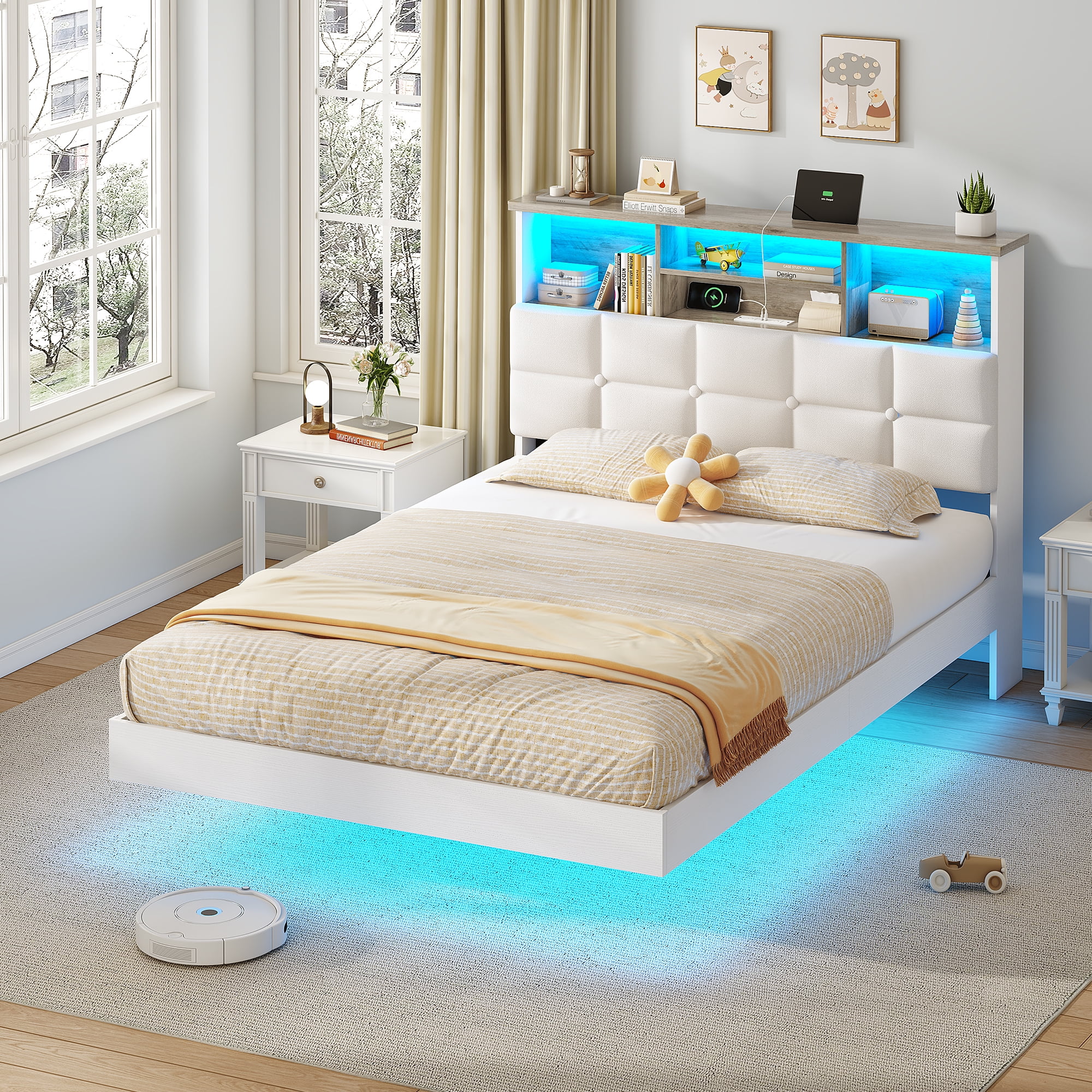 Torveric Twin Floating Bed Frame with Charging Station and LED Lighted Bookcase Headboard Metal Platform Bed PU Leather Adjustable Tufted Upholstered Bed, White