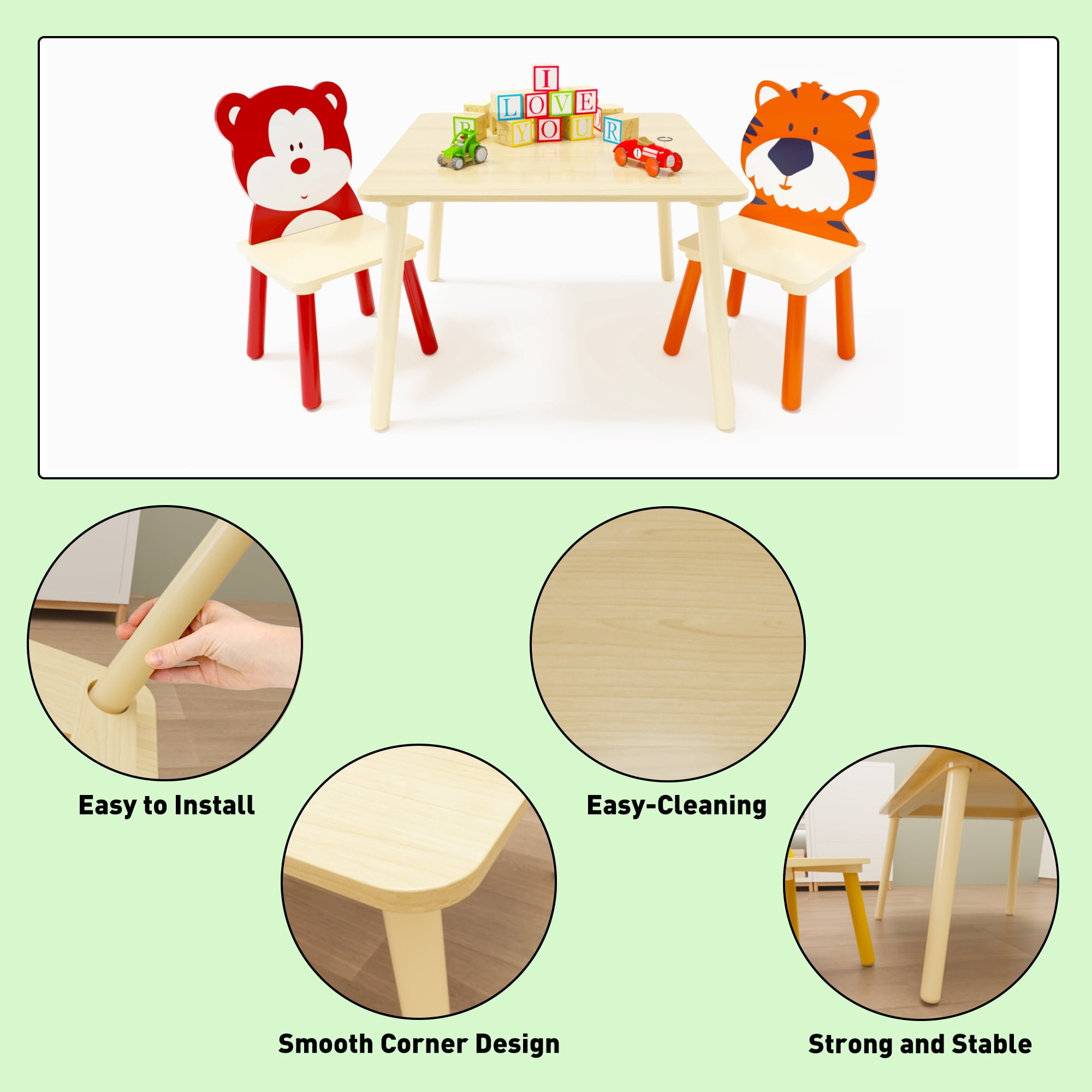 iRerts Kids Table and Chair Set, 3 Pieces Cartoon Animals Wood Kids Activity Table with 2 Chairs, Kids Play Table Set for 3-8 Year Old, Childrens Table and Chairs for Reading, Drawing, Jigsaw Puzzles