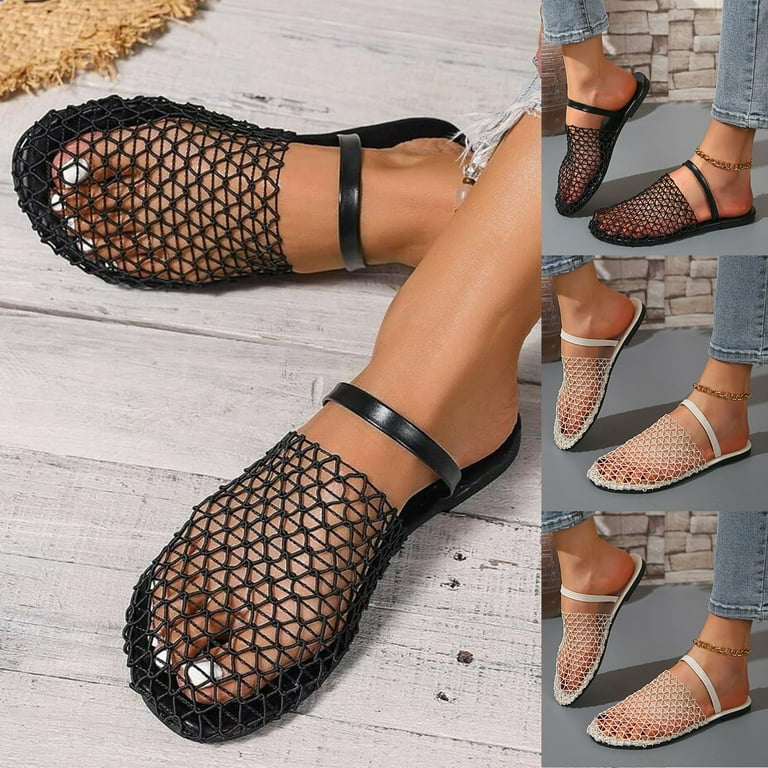 Fishnet Dressy Slides Sandals for Women Sexy Mesh Closed Toe Slingback Slip  on Mules Flats Dress Sandals