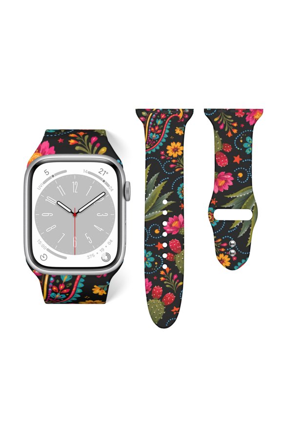 Folk Art Cactus Garden Pattern Art Soft Silicone Sport Band 38mm40mm Wristband for Apple Watch, Waterproof Buckle Strap for Series 9/8/7/6/SE/Ultra