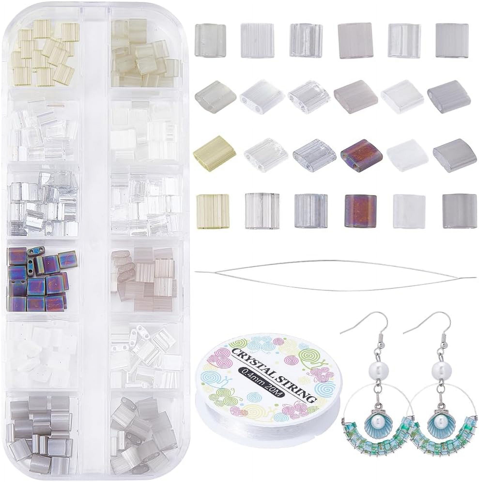1 set DIY Tile Bracelet Making Kit Including 2-Hole Rectangle Glass Seed Beads Big Eye Beading Needles Elastic Thread Mixed color Beads: 5x4.5~x2~2.5mm Hole: 0.5~0.8mm 480pcs/set