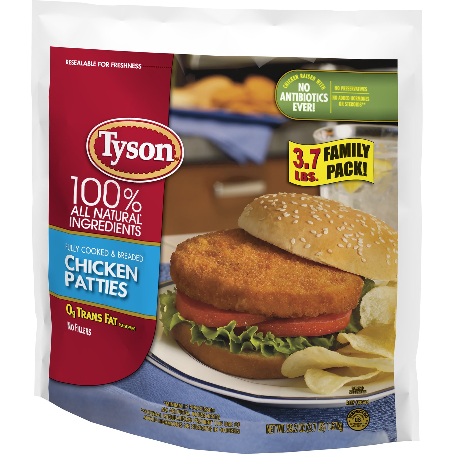 Tyson All Natural Chicken Patties Family Pack 3 7 Lb Frozen Walmart Com Walmart Com