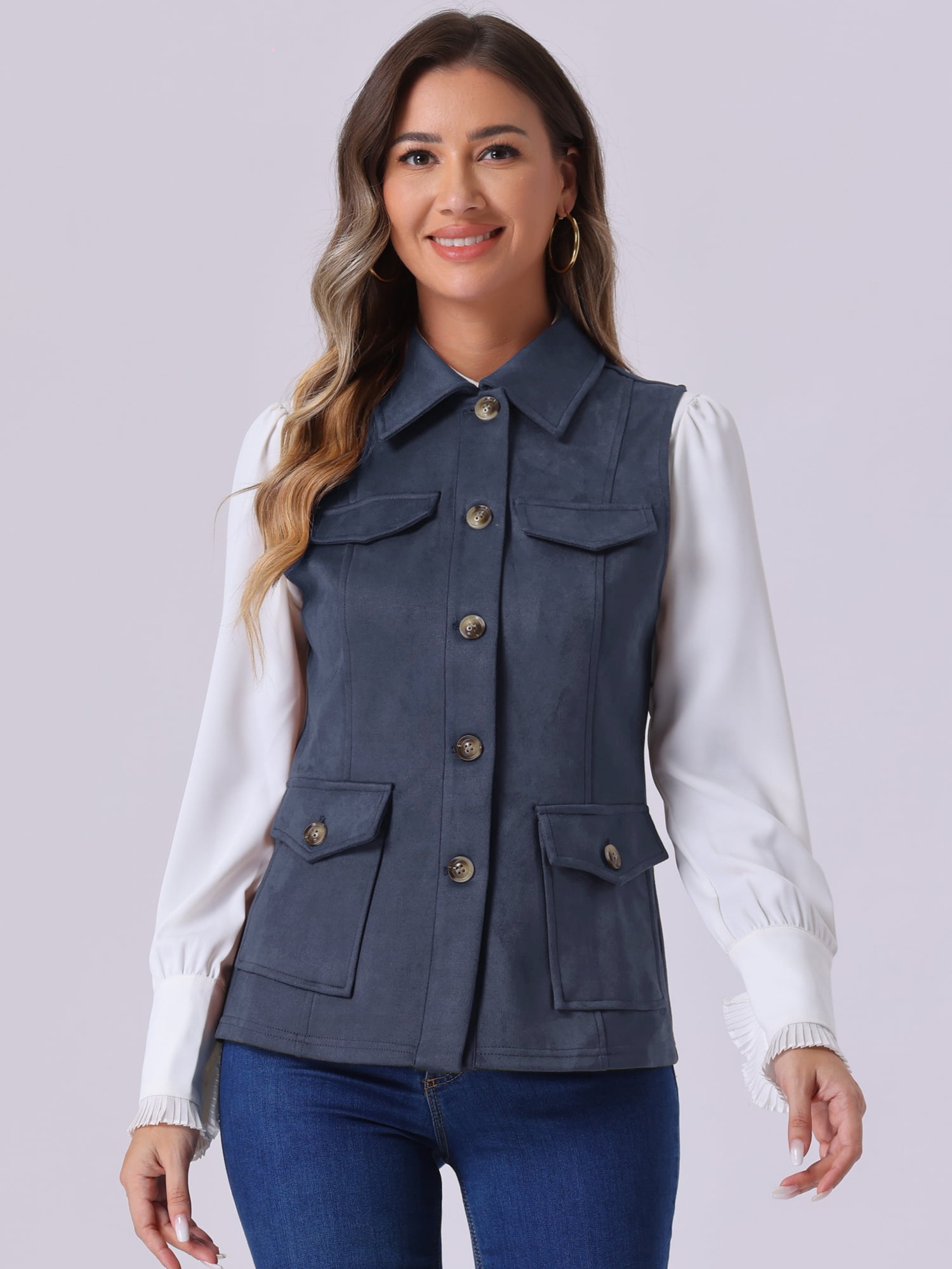 DARING DIVA Women's Rustic Button Up Utility Anorak Cargo Vest S Dark Blue
