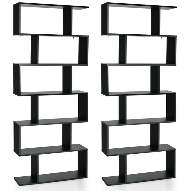 Patiojoy 2 PCS 6-Tier S-Shaped Wooden Bookshelf Storage Bookcase Multifunctional Display Stand Shelf Black
